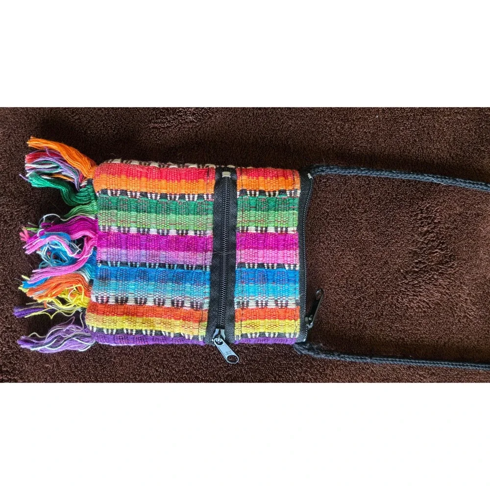 Boho Rainbow Handwoven Crossbody Passport Bag Small Fringed Pouch